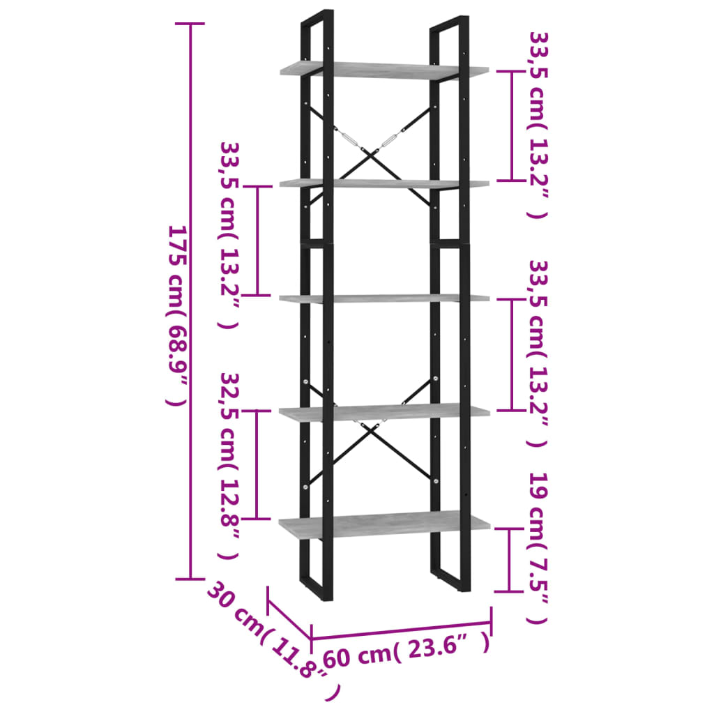 vidaXL Bibliotecă cu 5 rafturi gri beton, 40x30x175 cm, lemn prelucrat vidaXL Bibliotecă cu 5 rafturi gri beton, 40x30x175 cm, lemn prelucrat