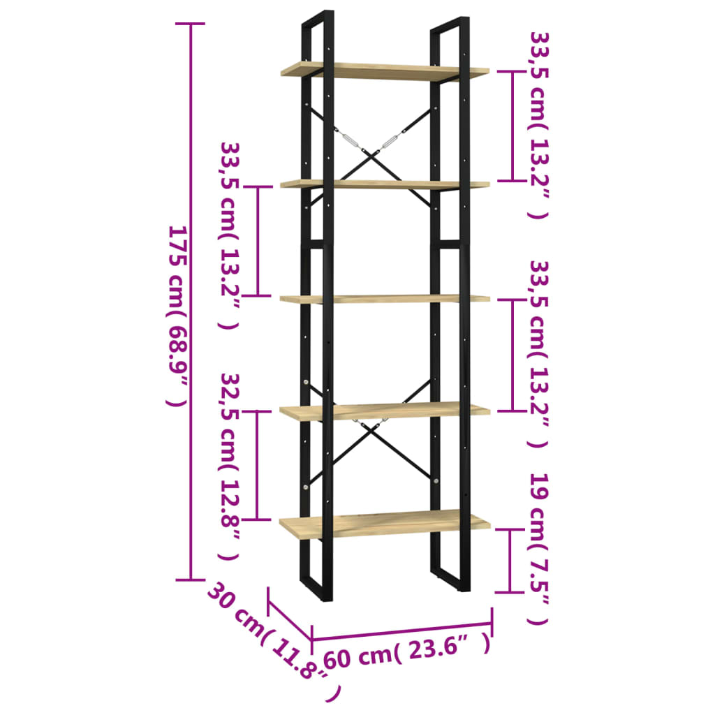 vidaXL Bibliotecă cu 5 rafturi, 60x30x175 cm, lemn masiv de pin