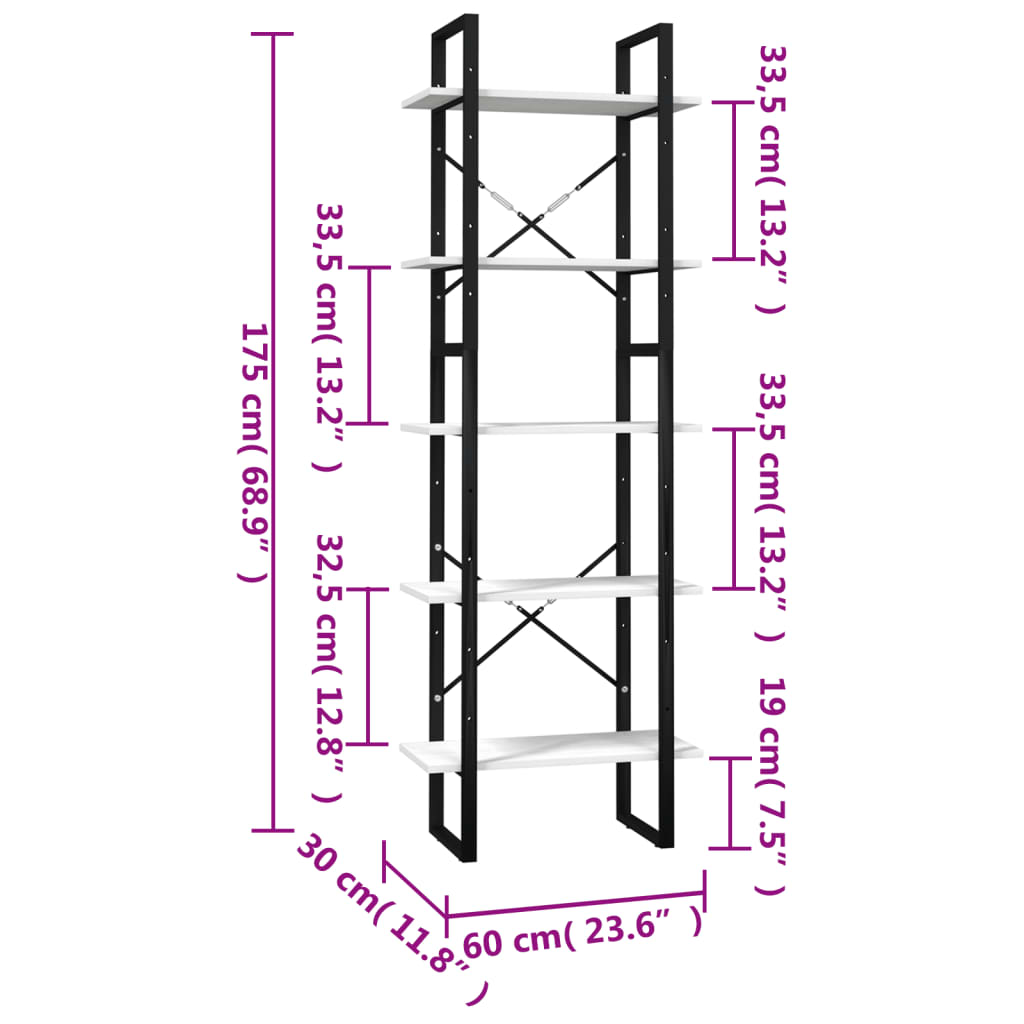 vidaXL Bibliotecă cu 5 rafturi, alb, 60x30x175 cm, lemn masiv de pin vidaXL Bibliotecă cu 5 rafturi, alb, 60x30x175 cm, lemn masiv de pin