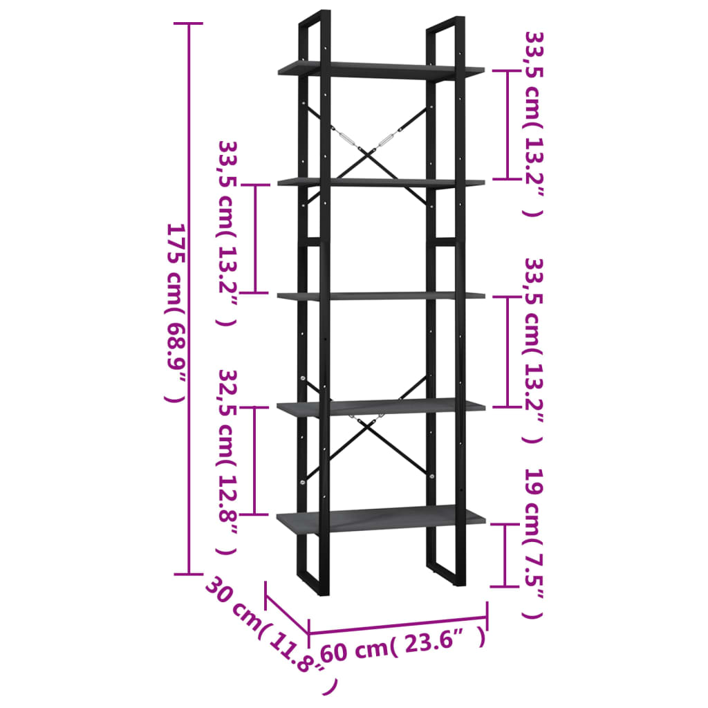 vidaXL Bibliotecă cu 5 rafturi, gri, 60x30x175 cm, lemn de pin