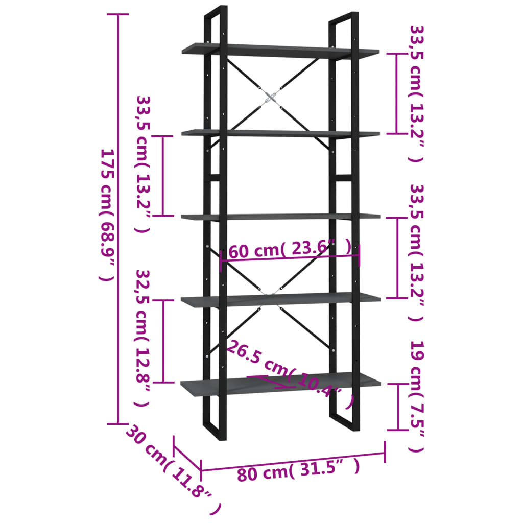 vidaXL Bibliotecă cu 5 rafturi, gri, 80x30x175 cm, lemn prelucrat vidaXL Bibliotecă cu 5 rafturi, gri, 80x30x175 cm, lemn prelucrat