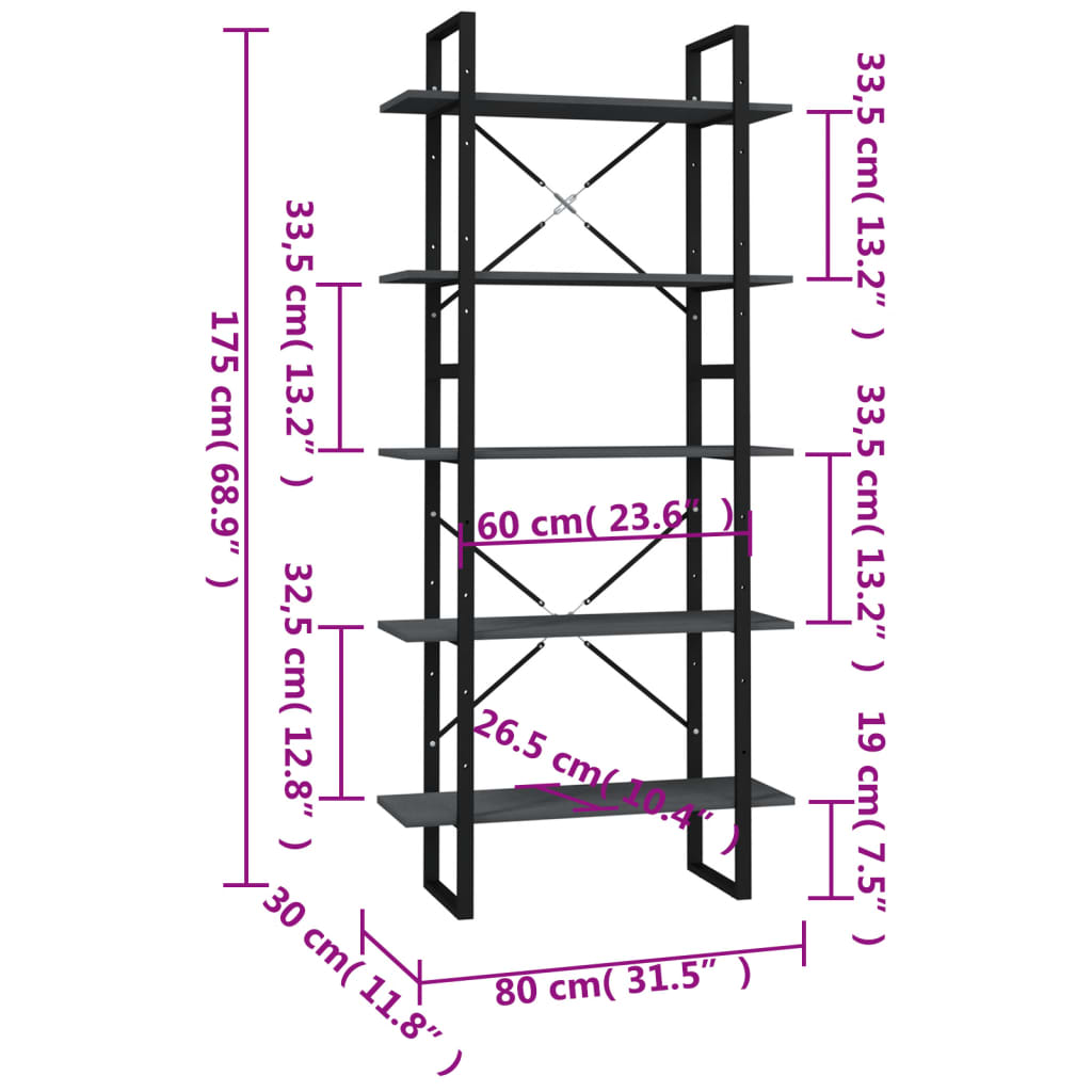 vidaXL Bibliotecă cu 5 rafturi, gri, 80x30x175 cm, lemn de pin