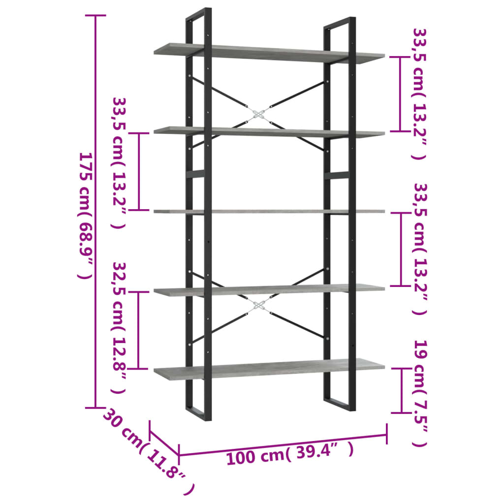 vidaXL Bibliotecă 5 rafturi, gri beton, 100x30x175 cm, lemn prelucrat vidaXL Bibliotecă 5 rafturi, gri beton, 100x30x175 cm, lemn prelucrat