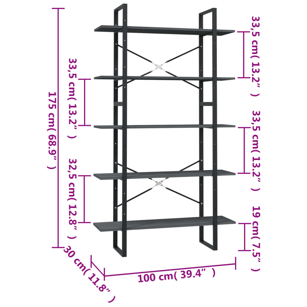 vidaXL Bibliotecă cu 5 rafturi, gri, 100x30x175 cm, lemn masiv de pin