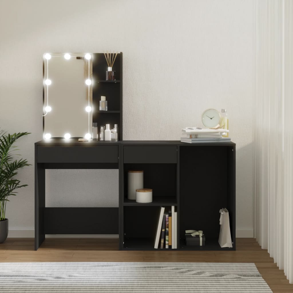 vidaXL Masă de toaletă cu LED și dulap, negru, lemn prelucrat vidaXL Masă de toaletă cu LED și dulap, negru, lemn prelucrat