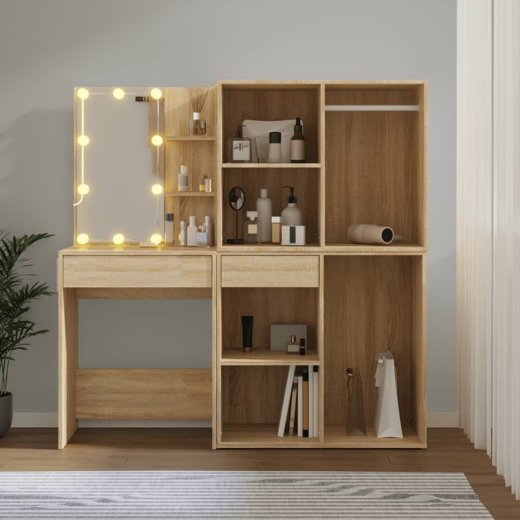 vidaXL Masă toaletă cu LED/2 dulapuri, stejar sonoma, lemn prelucrat