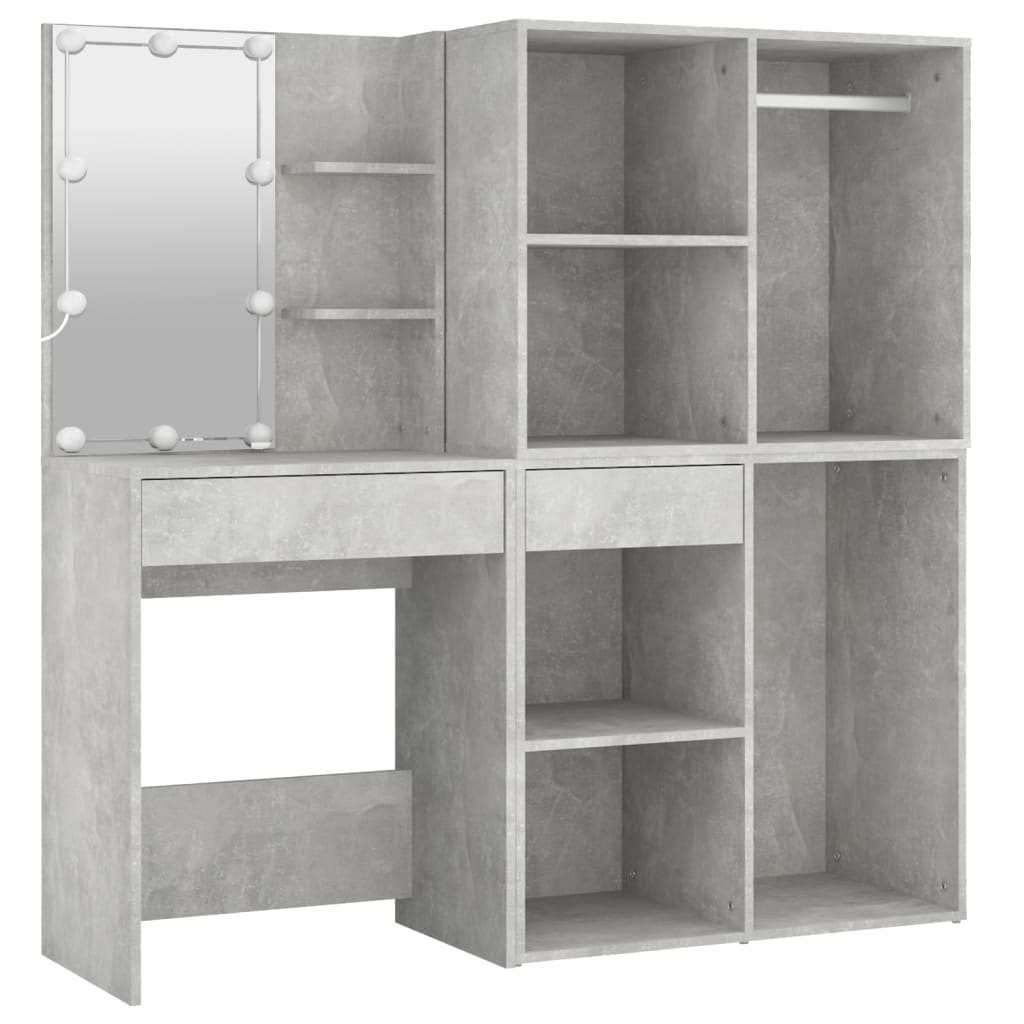vidaXL Masă toaletă cu LED/2 dulapuri, gri concret, lemn prelucrat