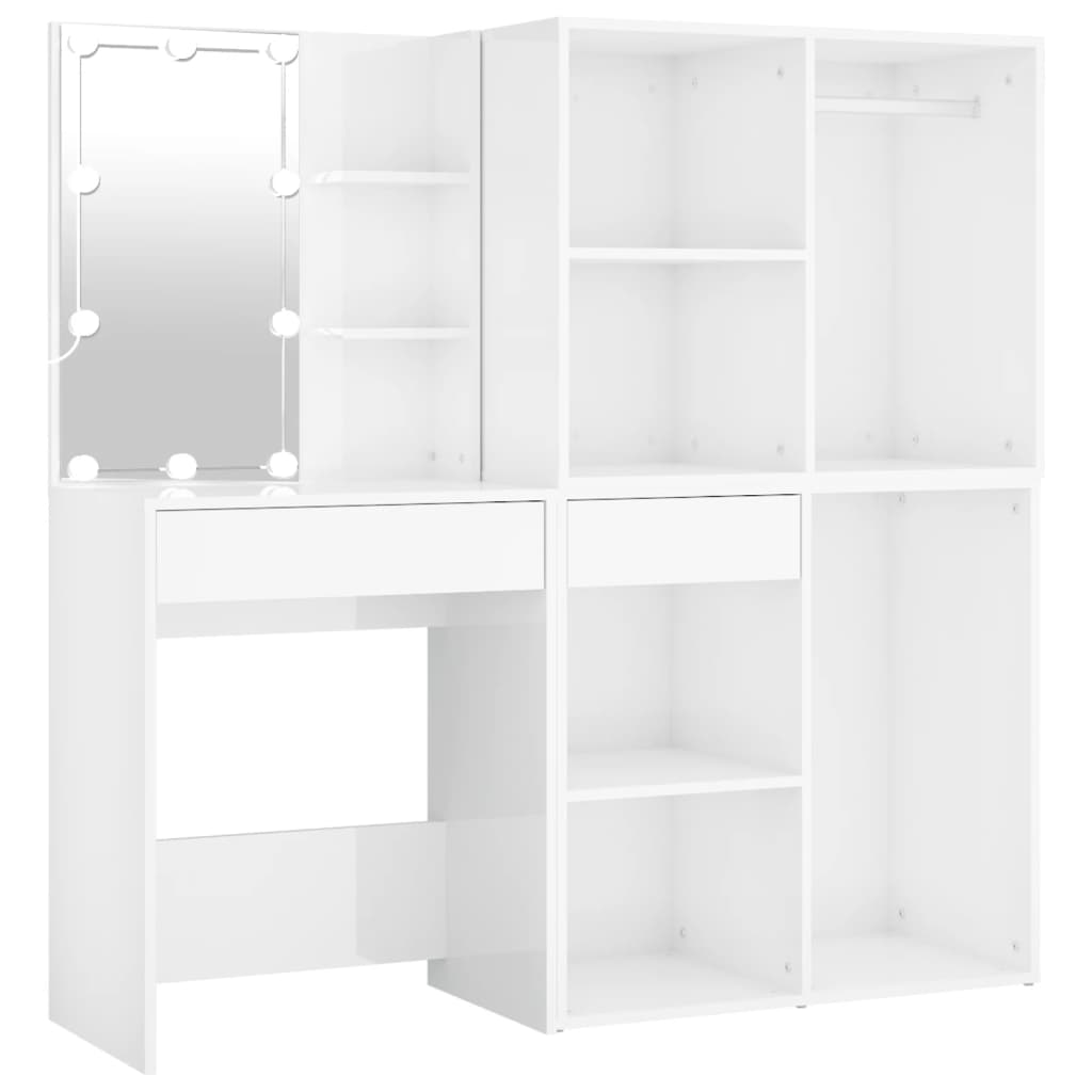 vidaXL Masă toaletă cu LED/2 dulapuri, alb extralucios, lemn prelucrat