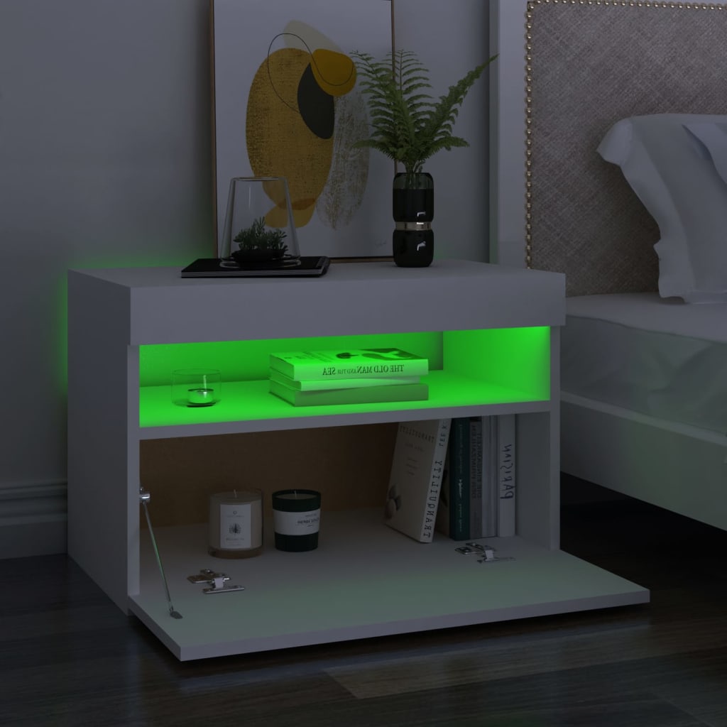 vidaXL Noptieră cu lumini LED, alb, 60x35x40 cm, lemn prelucrat vidaXL Noptieră cu lumini LED, alb, 60x35x40 cm, lemn prelucrat