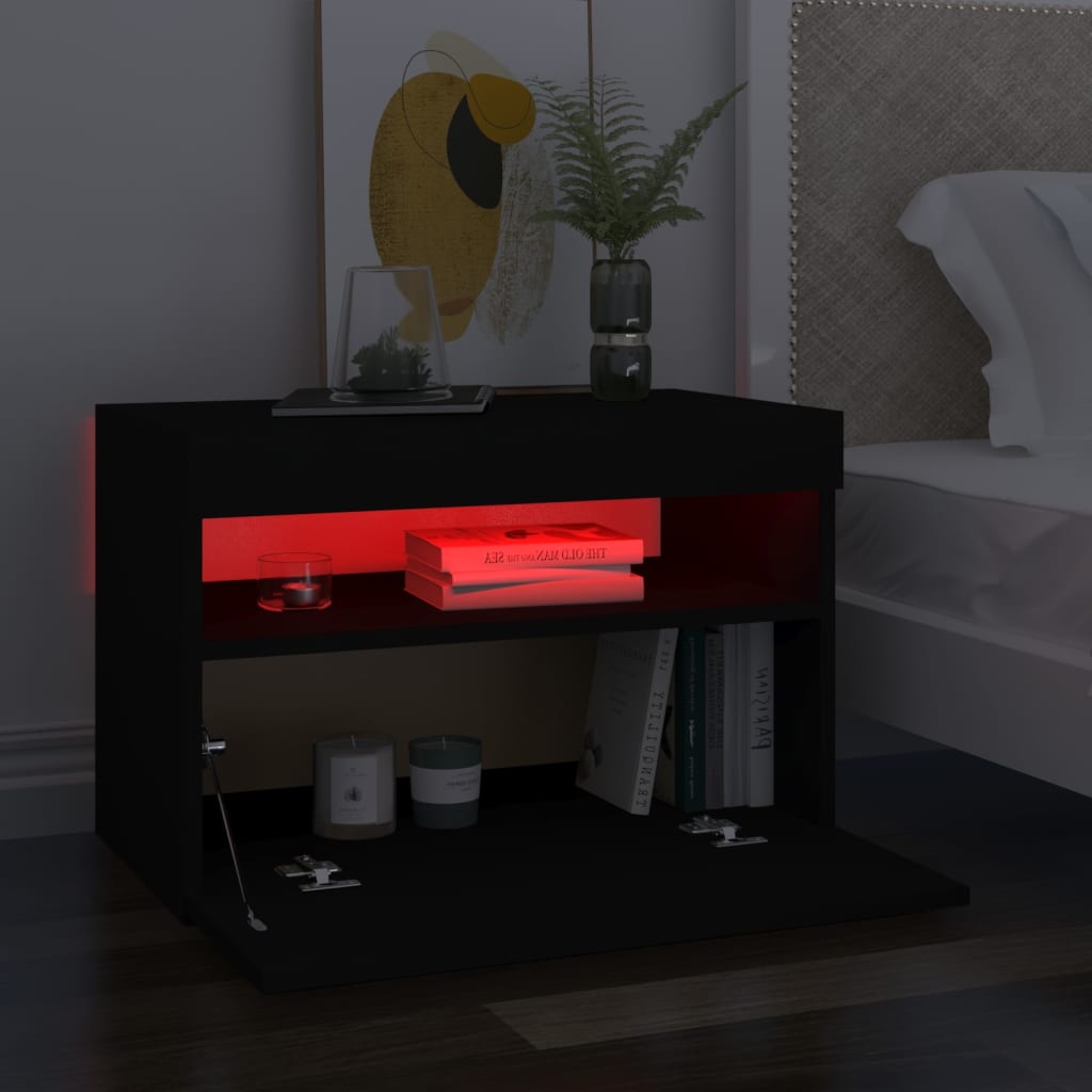 vidaXL Noptieră cu lumini LED, negru, 60x35x40 cm, lemn prelucrat vidaXL Noptieră cu lumini LED, negru, 60x35x40 cm, lemn prelucrat