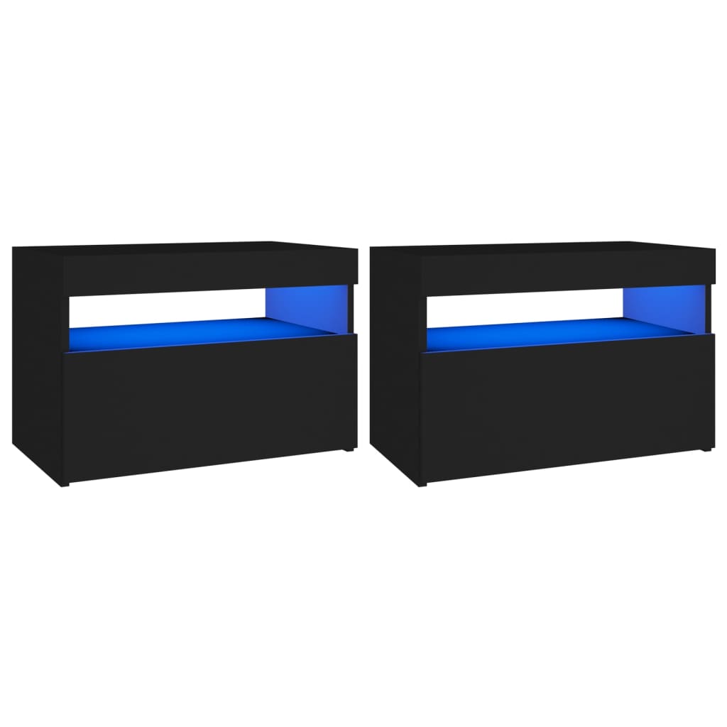 vidaXL Noptiere cu lumini LED, 2buc., negru, 60x35x40cm lemn prelucrat