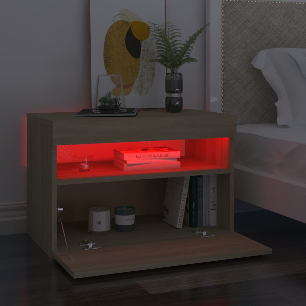 vidaXL Noptieră cu lumini LED, stejar Sonoma, 60x35x40 cm vidaXL Noptieră cu lumini LED, stejar Sonoma, 60x35x40 cm