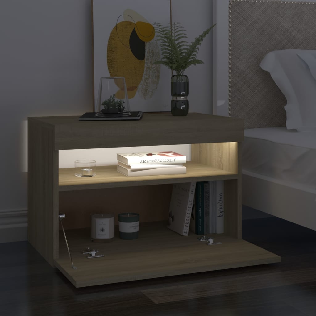 vidaXL Noptieră cu lumini LED, stejar Sonoma, 60x35x40 cm vidaXL Noptieră cu lumini LED, stejar Sonoma, 60x35x40 cm