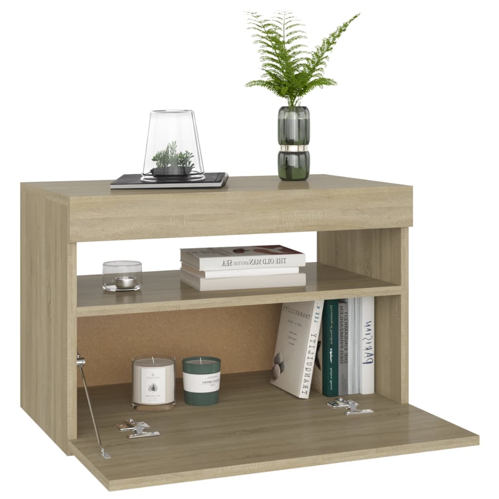 vidaXL Noptieră cu lumini LED, stejar Sonoma, 60x35x40 cm vidaXL Noptieră cu lumini LED, stejar Sonoma, 60x35x40 cm