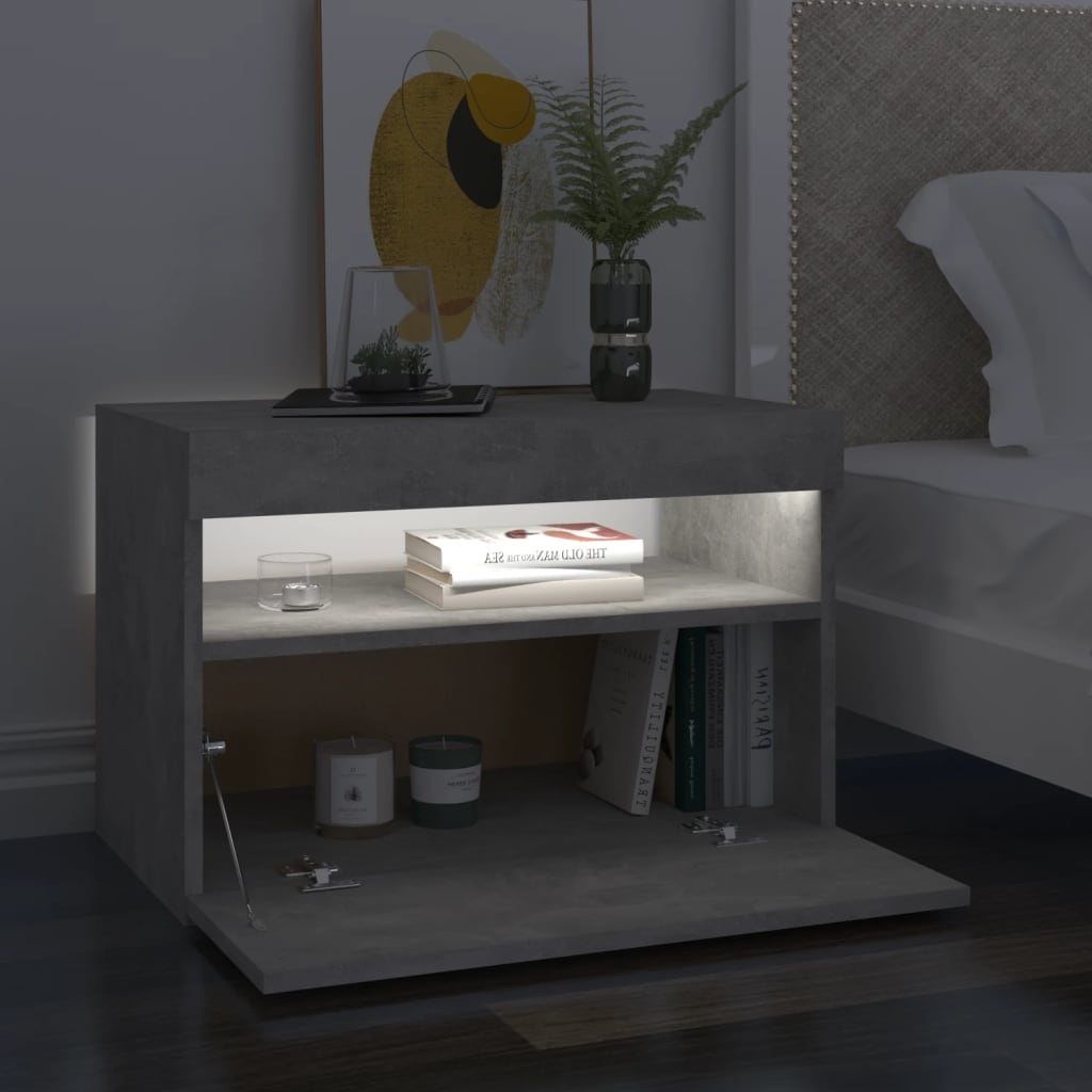 vidaXL Noptieră cu lumini LED, gri beton, 60x35x40 cm vidaXL Noptieră cu lumini LED, gri beton, 60x35x40 cm