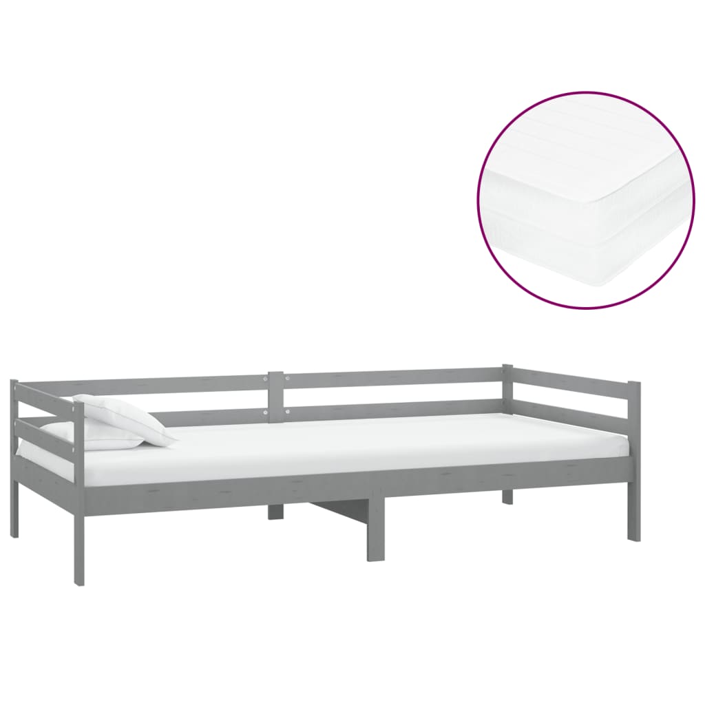 vidaXL Pat de zi cu saltea, gri, 90x200 cm, lemn masiv de pin