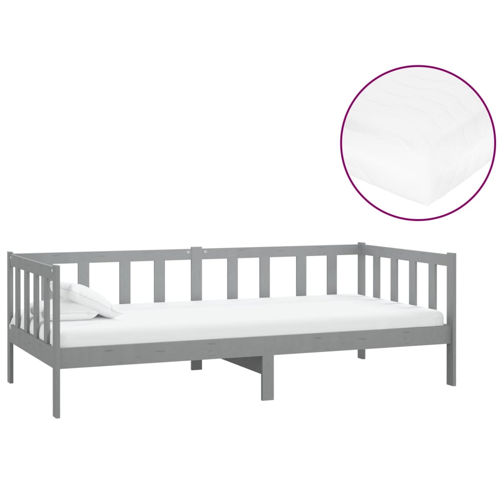 vidaXL Pat de zi cu saltea, gri, 90x200 cm, lemn masiv de pin