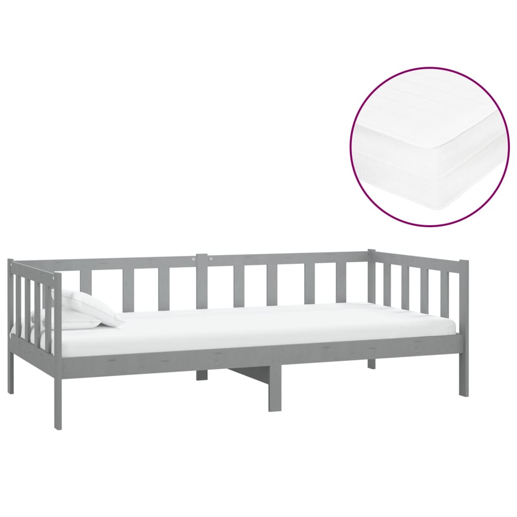 vidaXL Pat de zi cu saltea, gri, 90x200 cm, lemn masiv de pin