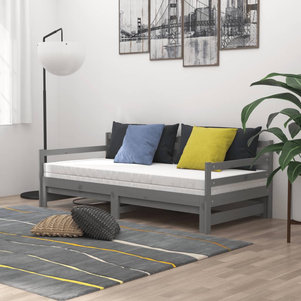 vidaXL Pat extensibil de zi, 2x(90x200) cm, gri, lemn masiv de pin vidaXL Pat extensibil de zi, 2x(90x200) cm, gri, lemn masiv de pin