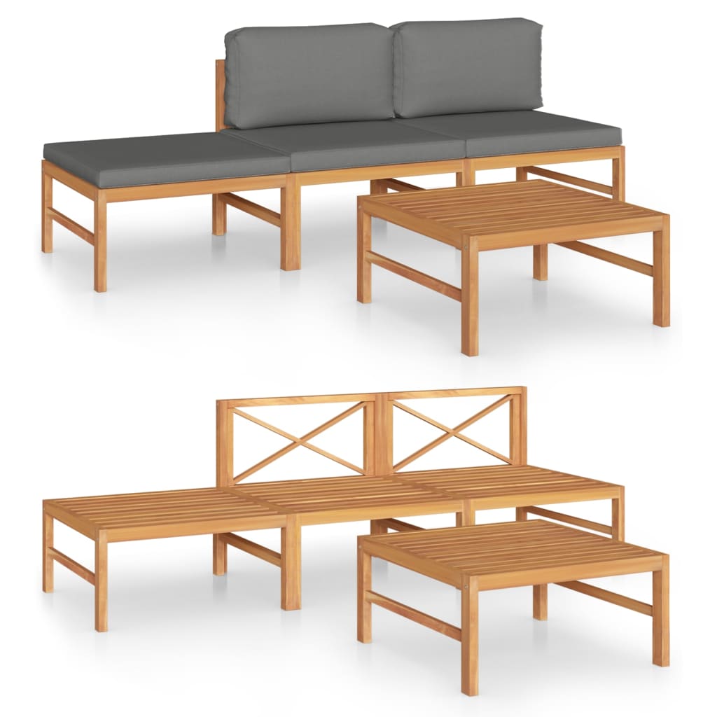 vidaXL Set mobilier grădină cu perne gri, 4 piese, lemn masiv de tec vidaXL Set mobilier grădină cu perne gri, 4 piese, lemn masiv de tec
