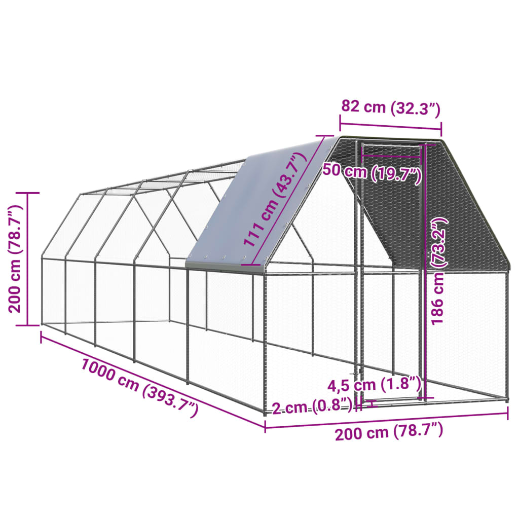 vidaXL Coteț de exterior pentru păsări, 2x10x2 m, oțel zincat vidaXL Coteț de exterior pentru păsări, 2x10x2 m, oțel zincat