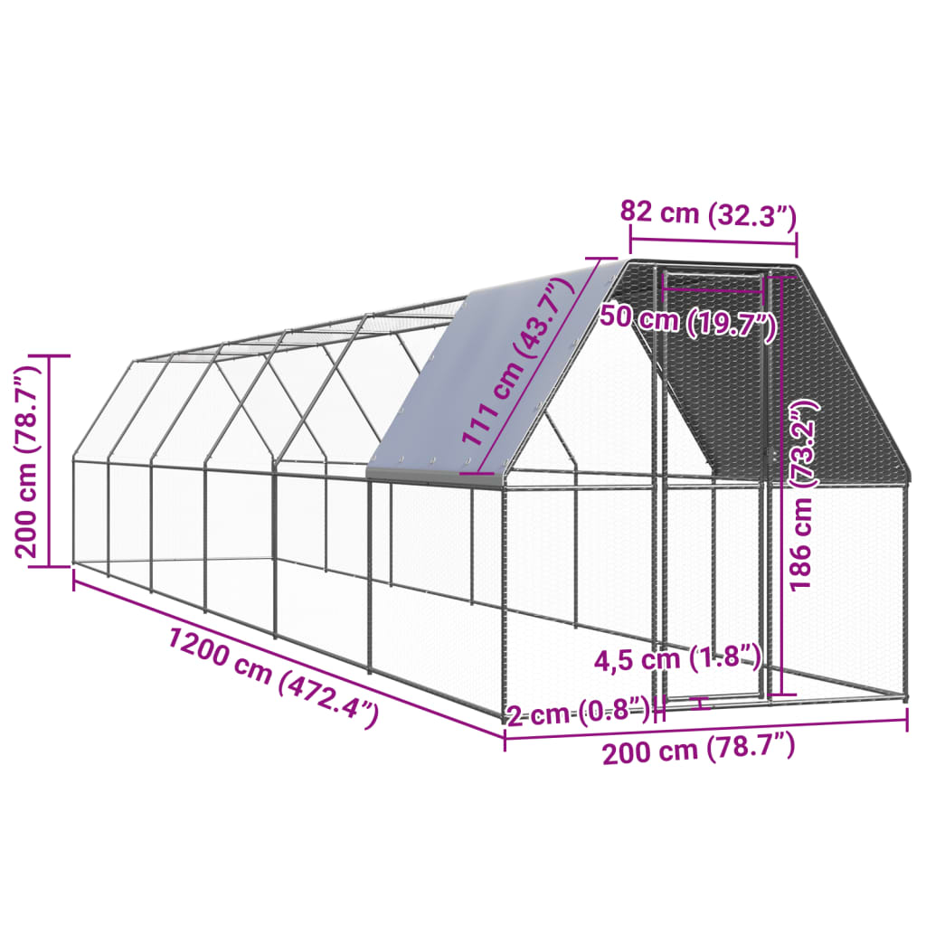 vidaXL Coteț de exterior pentru păsări, 2x12x2 m, oțel zincat vidaXL Coteț de exterior pentru păsări, 2x12x2 m, oțel zincat