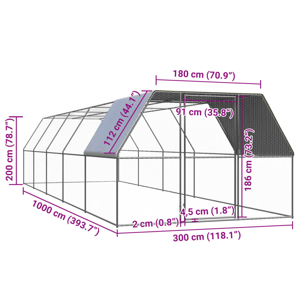 vidaXL Coteț de păsări pentru exterior, 3x10x2 m, oțel zincat vidaXL Coteț de păsări pentru exterior, 3x10x2 m, oțel zincat
