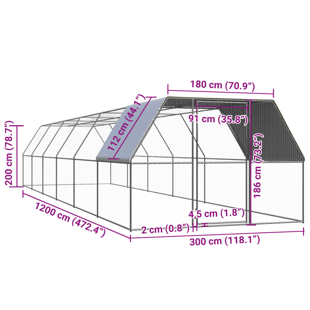 vidaXL Coteț de păsări pentru exterior, 3x12x2 m, oțel zincat