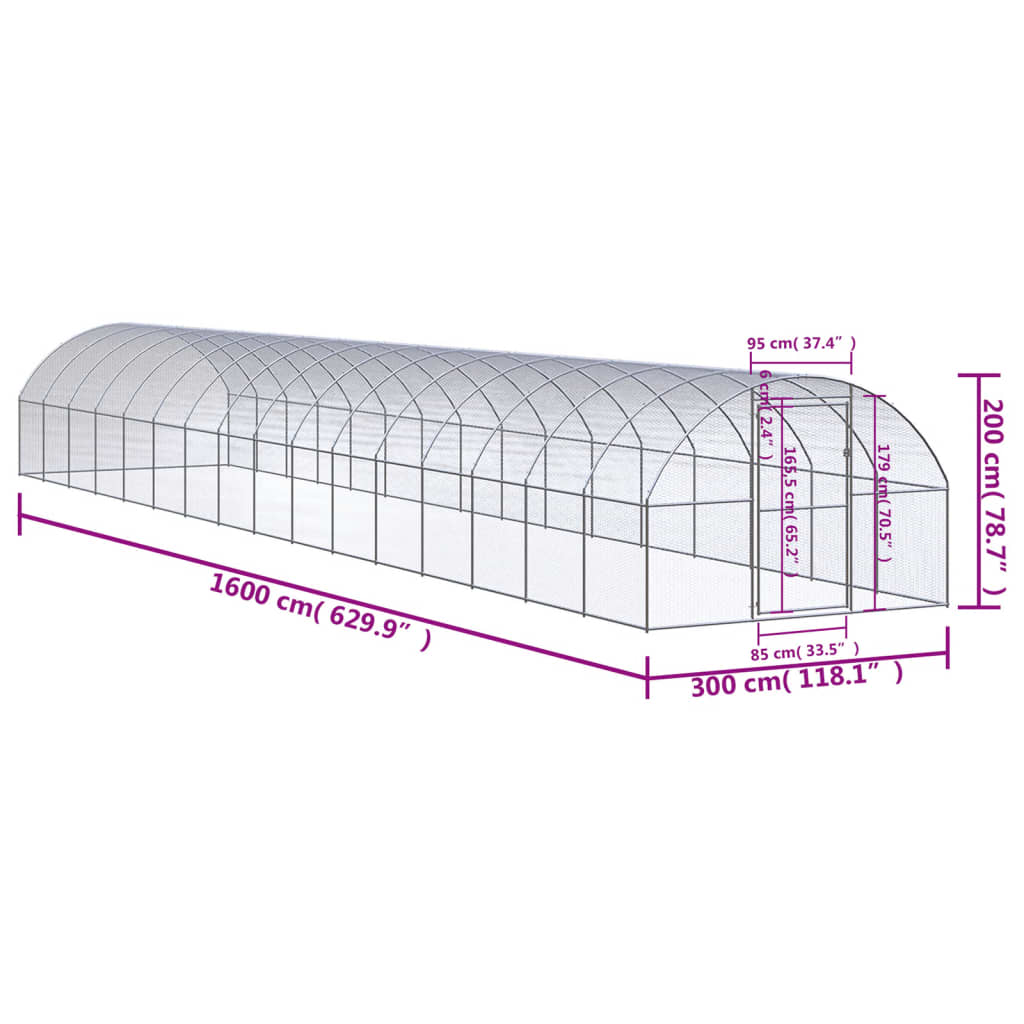 vidaXL Coteț de găini pentru exterior, 3x16x2 m, oțel zincat