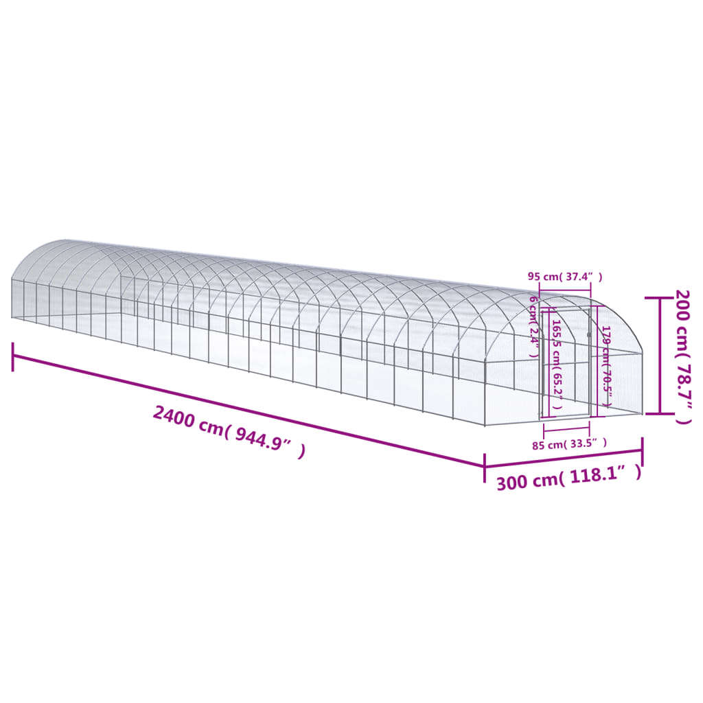 vidaXL Coteț de găini pentru exterior, 3x24x2 m, oțel zincat