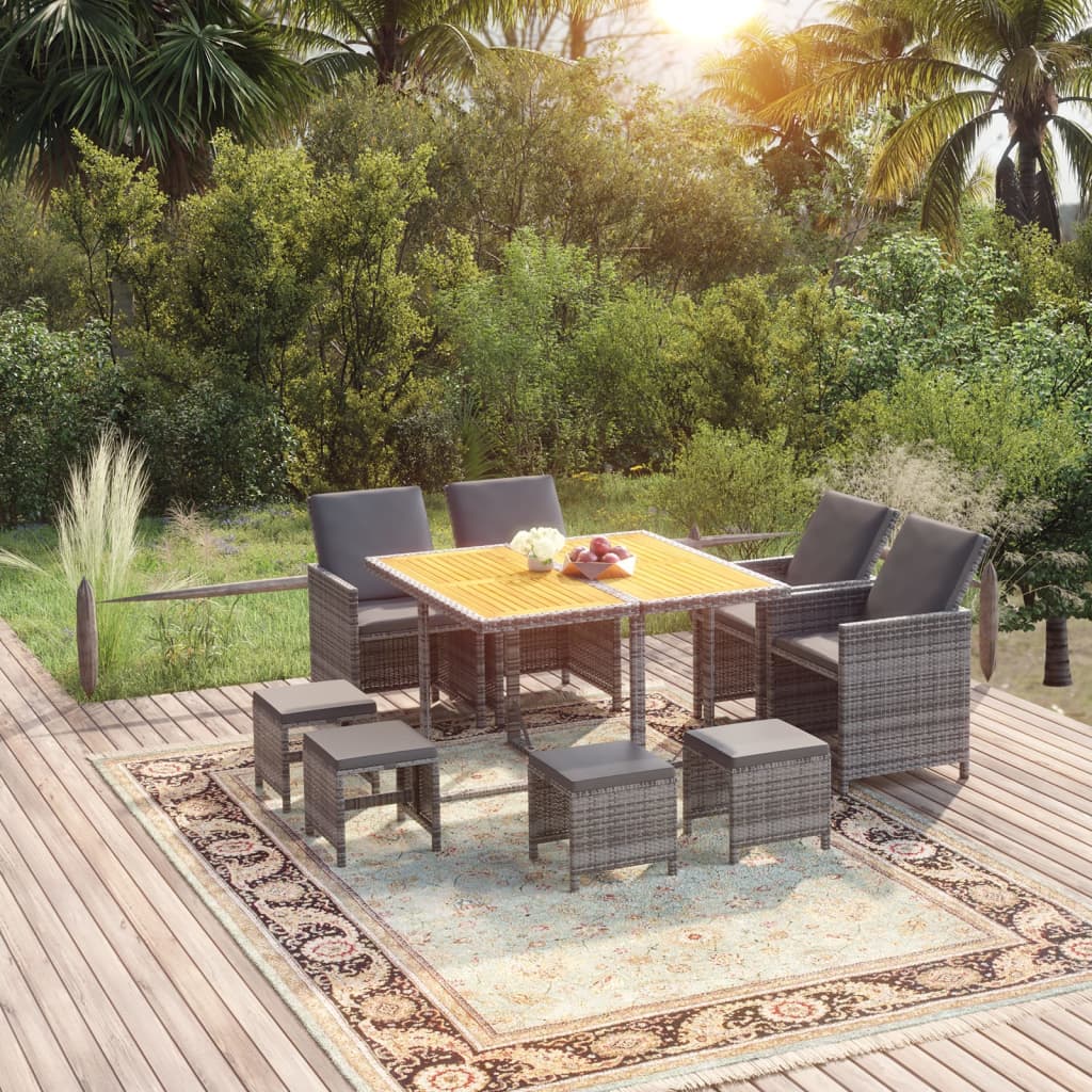 vidaXL Set mobilier grădină cu perne, 9 piese, gri, poliratan vidaXL Set mobilier grădină cu perne, 9 piese, gri, poliratan