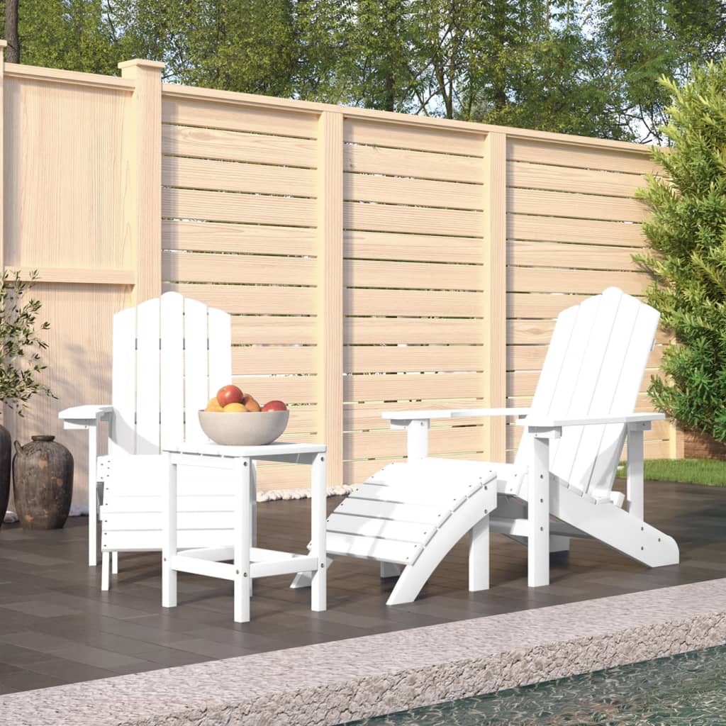 vidaXL Scaune de grădină Adirondack cu taburet și masă, alb, HDPE vidaXL Scaune de grădină Adirondack cu taburet și masă, alb, HDPE