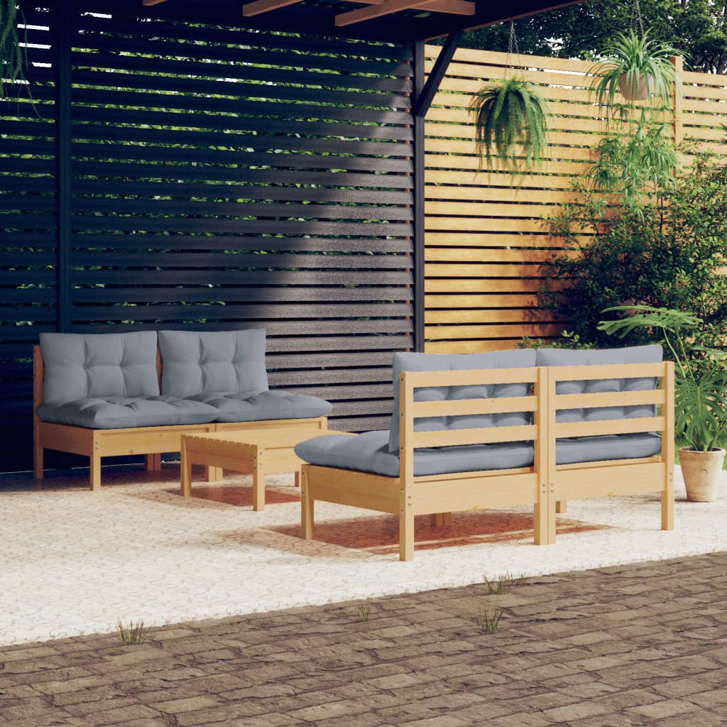 vidaXL Set mobilier grădină cu perne gri, 5 piese, lemn masiv de pin vidaXL Set mobilier grădină cu perne gri, 5 piese, lemn masiv de pin