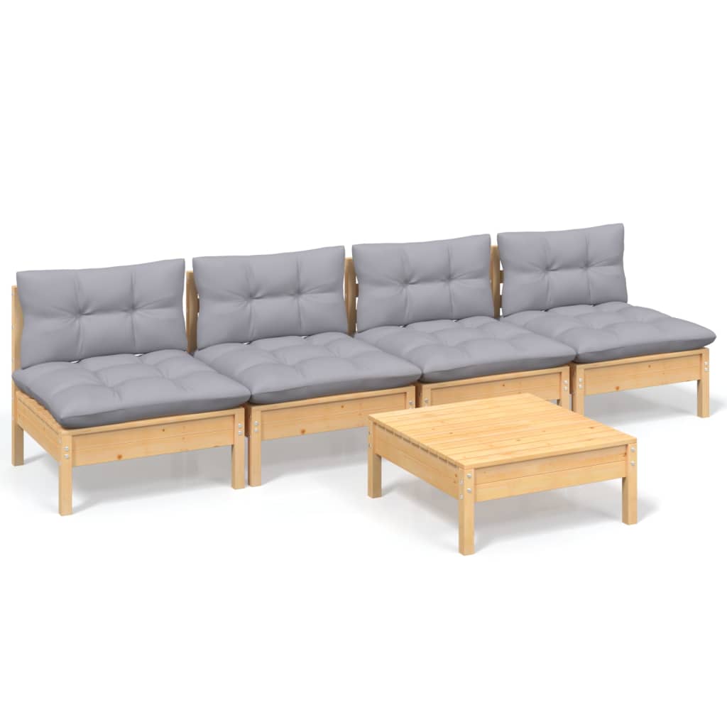 vidaXL Set mobilier grădină cu perne gri, 5 piese, lemn masiv de pin vidaXL Set mobilier grădină cu perne gri, 5 piese, lemn masiv de pin
