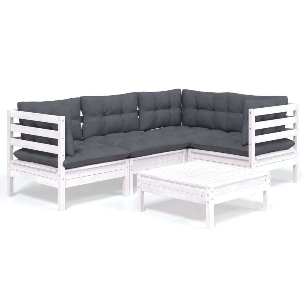 vidaXL Set mobilier grădină cu perne, 5 piese, alb, lemn de pin