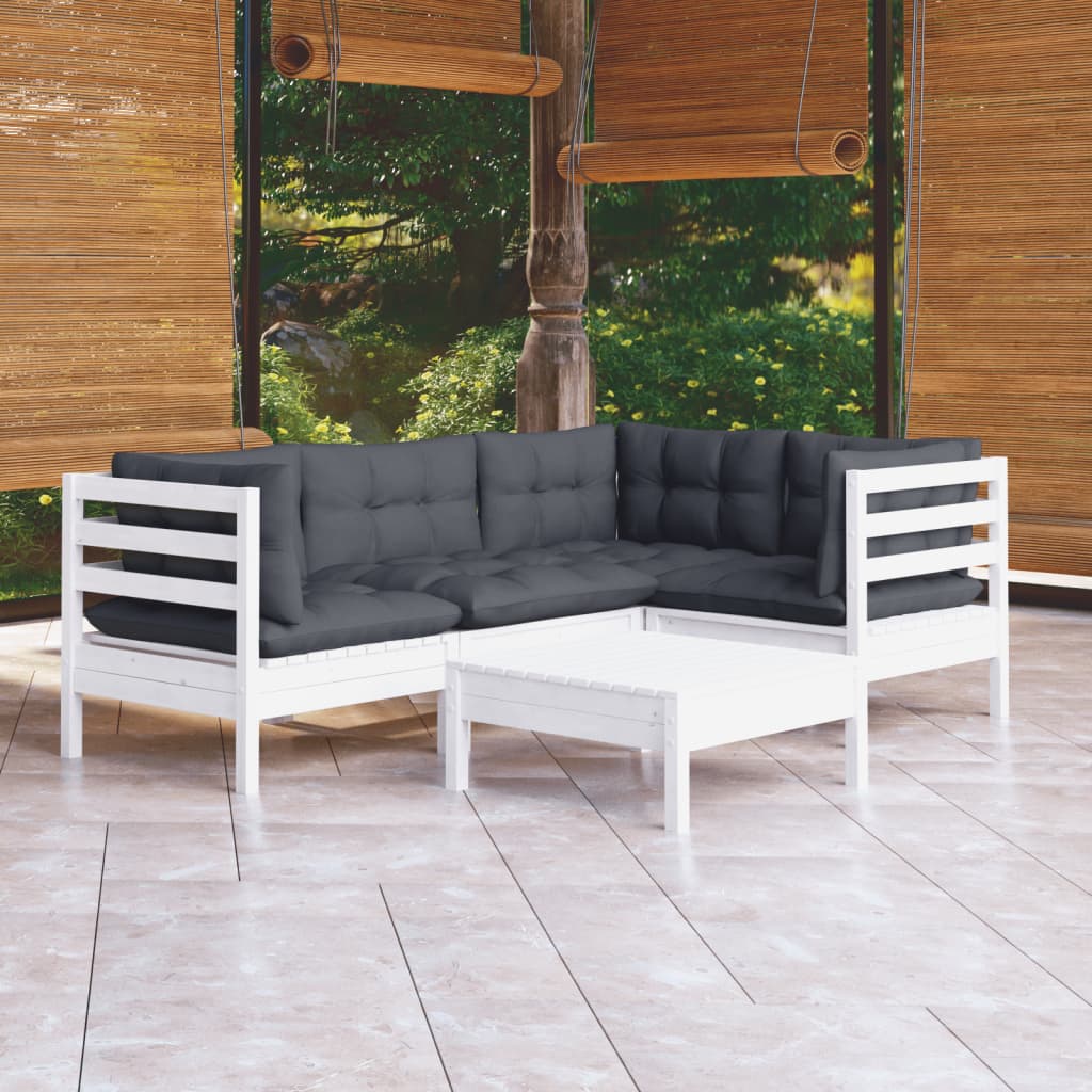 vidaXL Set mobilier grădină cu perne, 5 piese, alb, lemn de pin