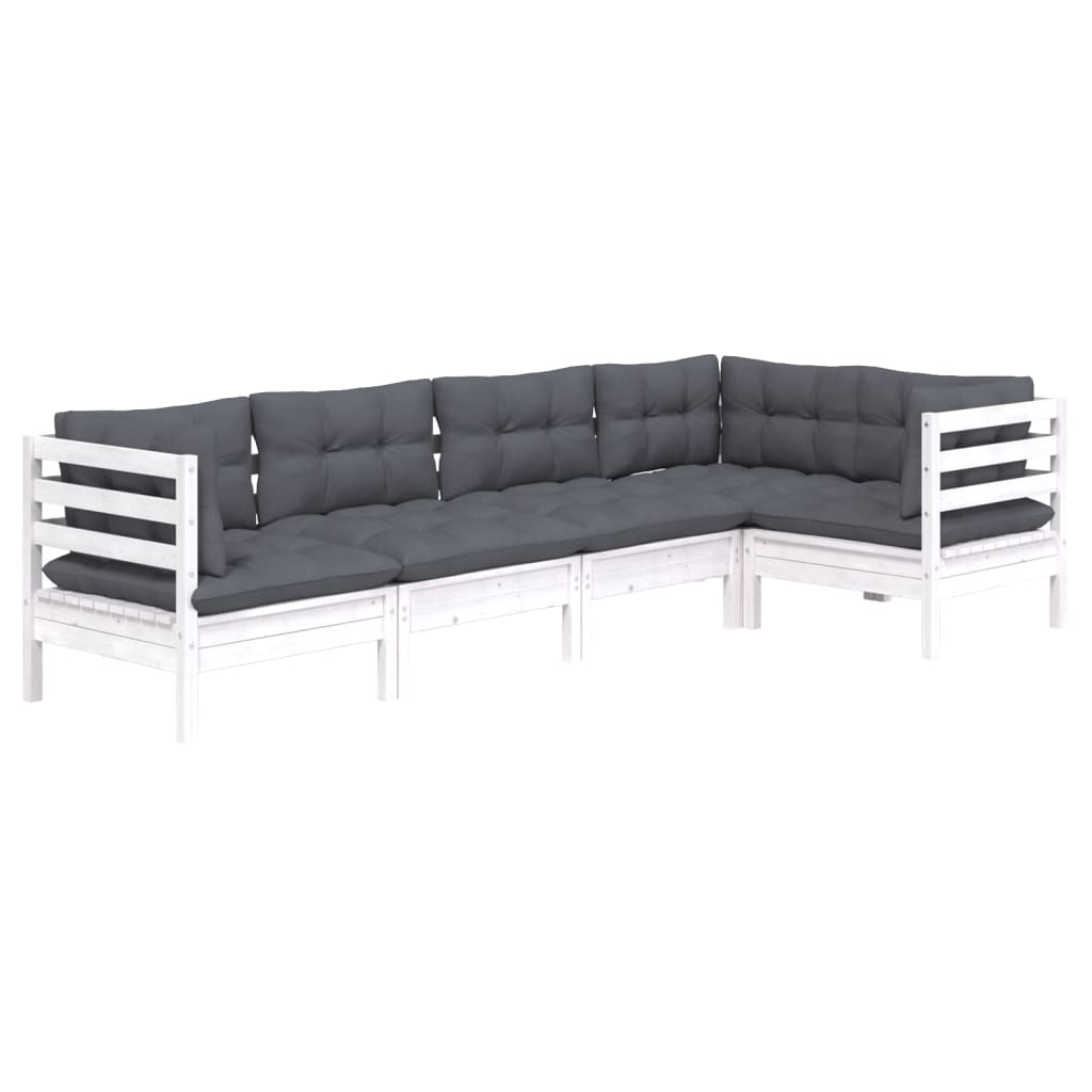 vidaXL Set mobilier grădină cu perne, 5 piese, alb, lemn de pin
