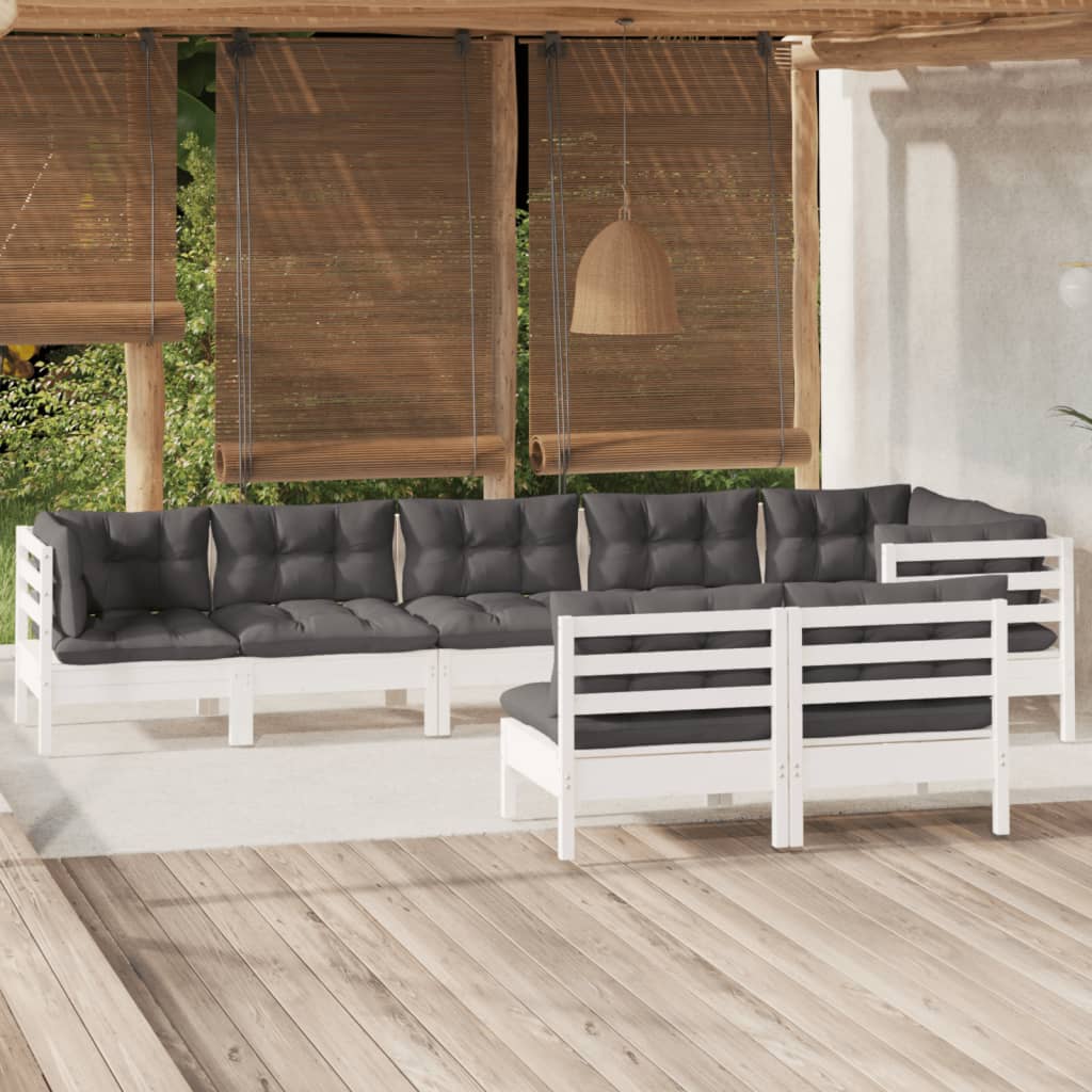 vidaXL Set mobilier de grădină cu perne, 8 piese, alb, lemn masiv pin