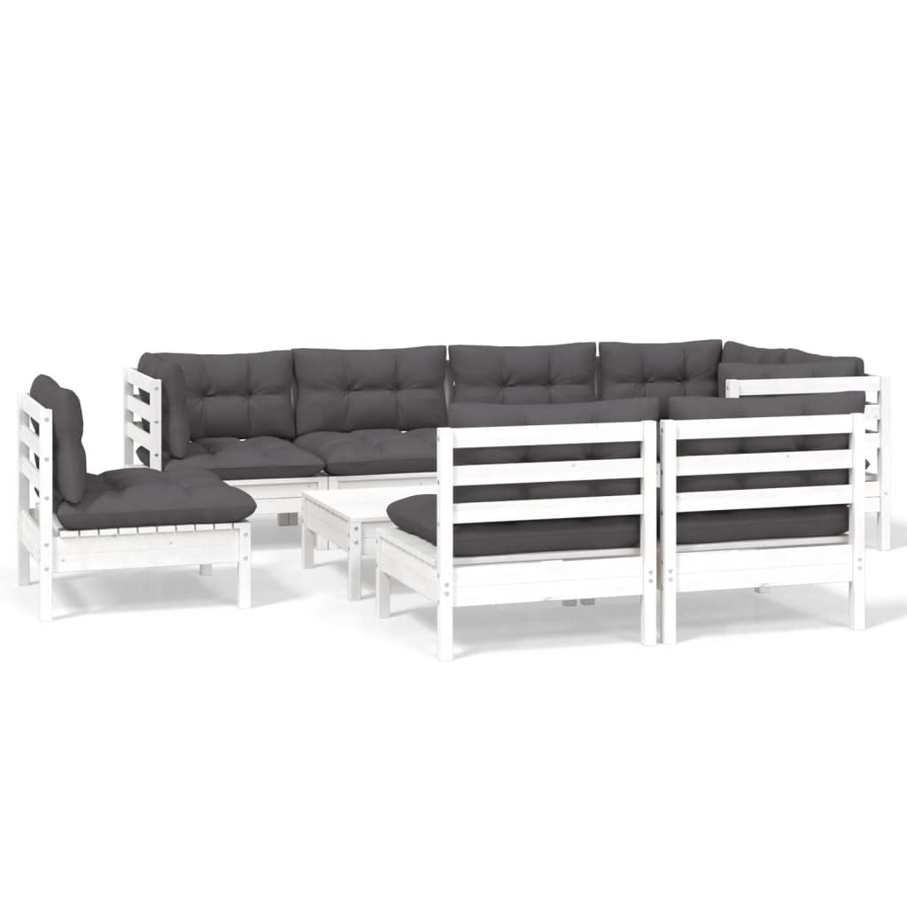 vidaXL Set mobilier grădină cu perne, 9 piese, alb, lemn masiv pin