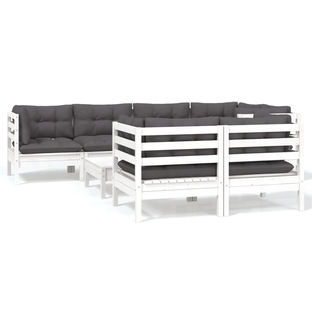 vidaXL Set mobilier de grădină cu perne, 8 piese, alb, lemn masiv pin