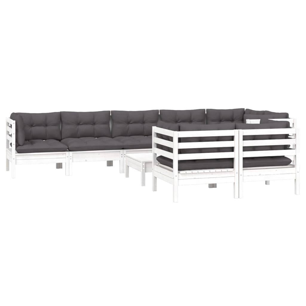 vidaXL Set mobilier grădină cu perne, 9 piese, alb, lemn masiv pin