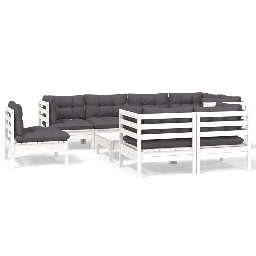 vidaXL Set mobilier grădină cu perne, 9 piese, alb, lemn masiv pin