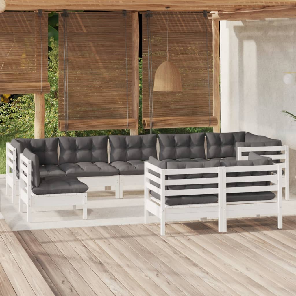 vidaXL Set mobilier de grădină cu perne, 9 piese, alb, lemn masiv pin vidaXL Set mobilier de grădină cu perne, 9 piese, alb, lemn masiv pin
