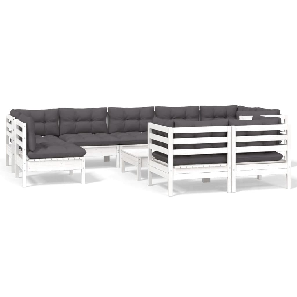vidaXL Set mobilier grădină cu perne, 10 piese, alb, lemn masiv pin