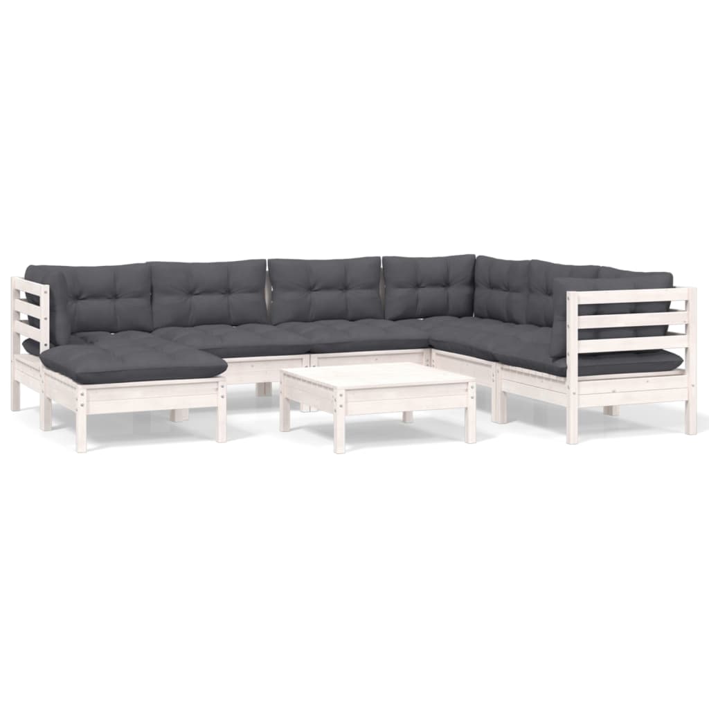 vidaXL Set mobilier de grădină cu perne, 8 piese, alb, lemn masiv pin