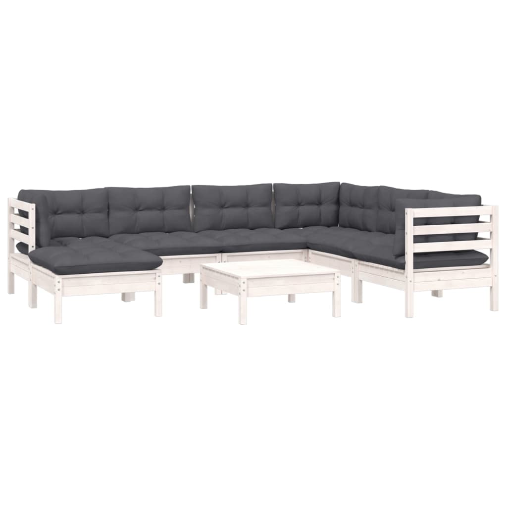 vidaXL Set mobilier de grădină cu perne, 8 piese, alb, lemn masiv pin