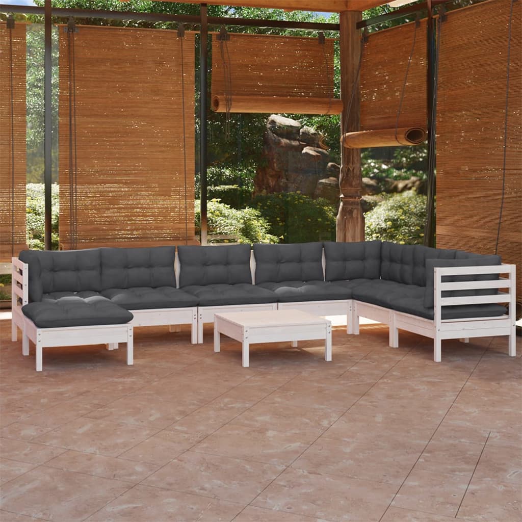 vidaXL Set mobilier de grădină cu perne, 9 piese, alb, lemn masiv pin vidaXL Set mobilier de grădină cu perne, 9 piese, alb, lemn masiv pin