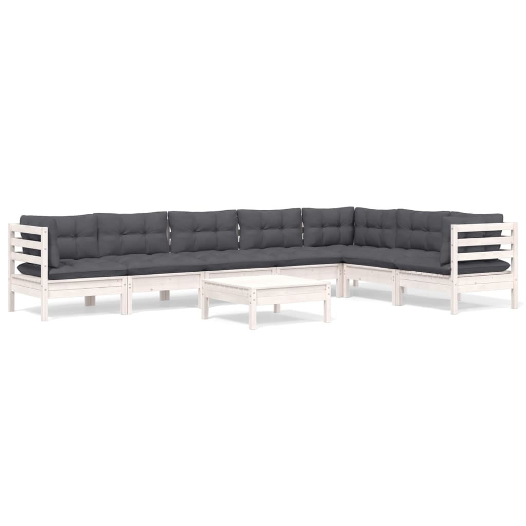 vidaXL Set mobilier de grădină cu perne, 8 piese, alb, lemn masiv pin
