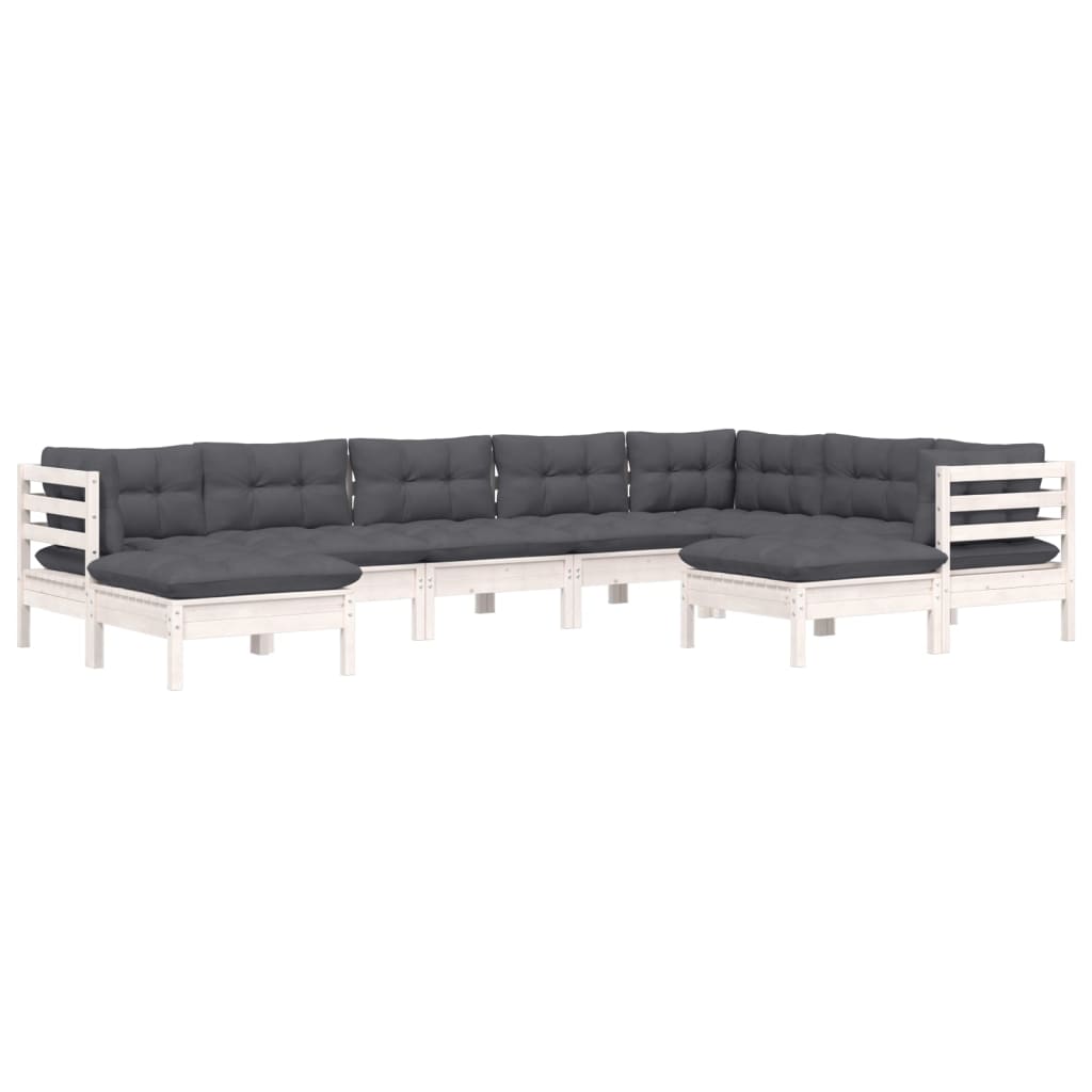 vidaXL Set mobilier de grădină cu perne, 9 piese, alb, lemn masiv pin