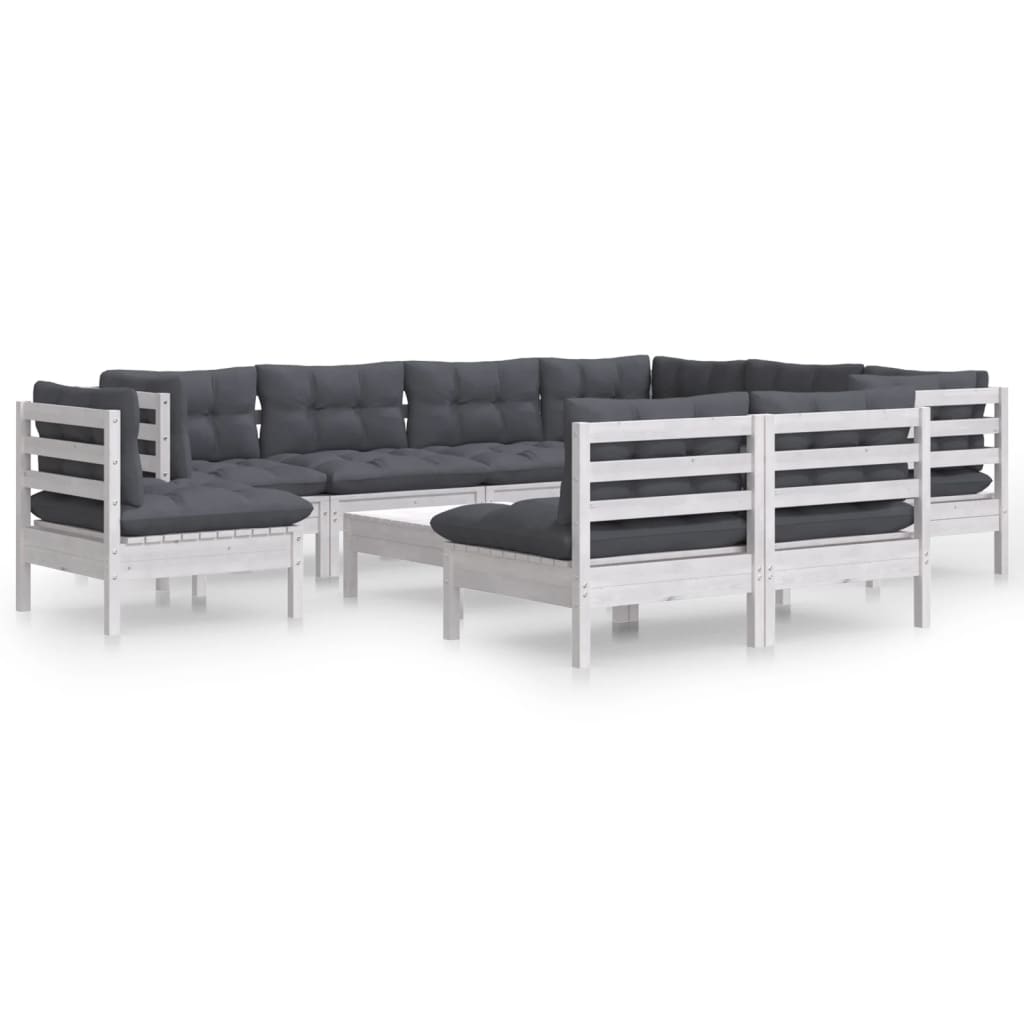 vidaXL Set mobilier grădină cu perne, 10 piese, alb, lemn masiv pin